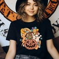 thumbnail image 3 of Retro Groovy Halloween Shirt with Ghost and Pumpkin Design, Dark Heather, Size 2XL, 3 of 6