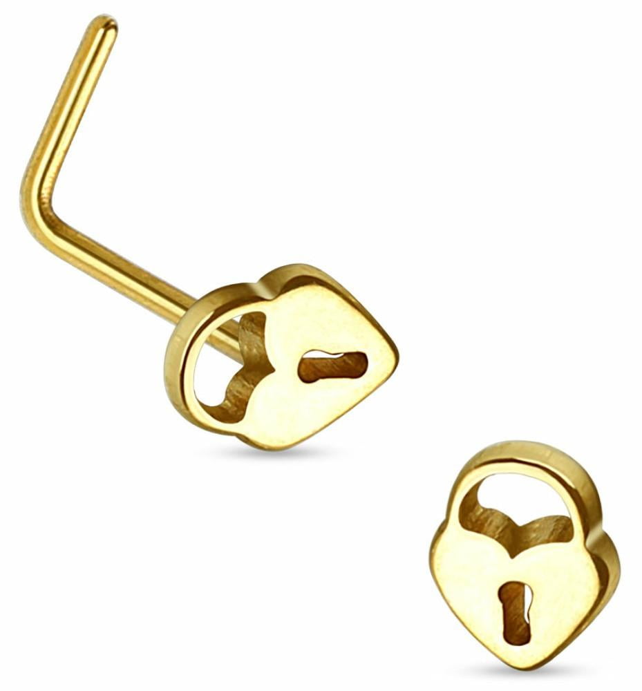 Heart Lock Top 316L Surgical Steel L Bend Nose Ring 20 gauge 1/4