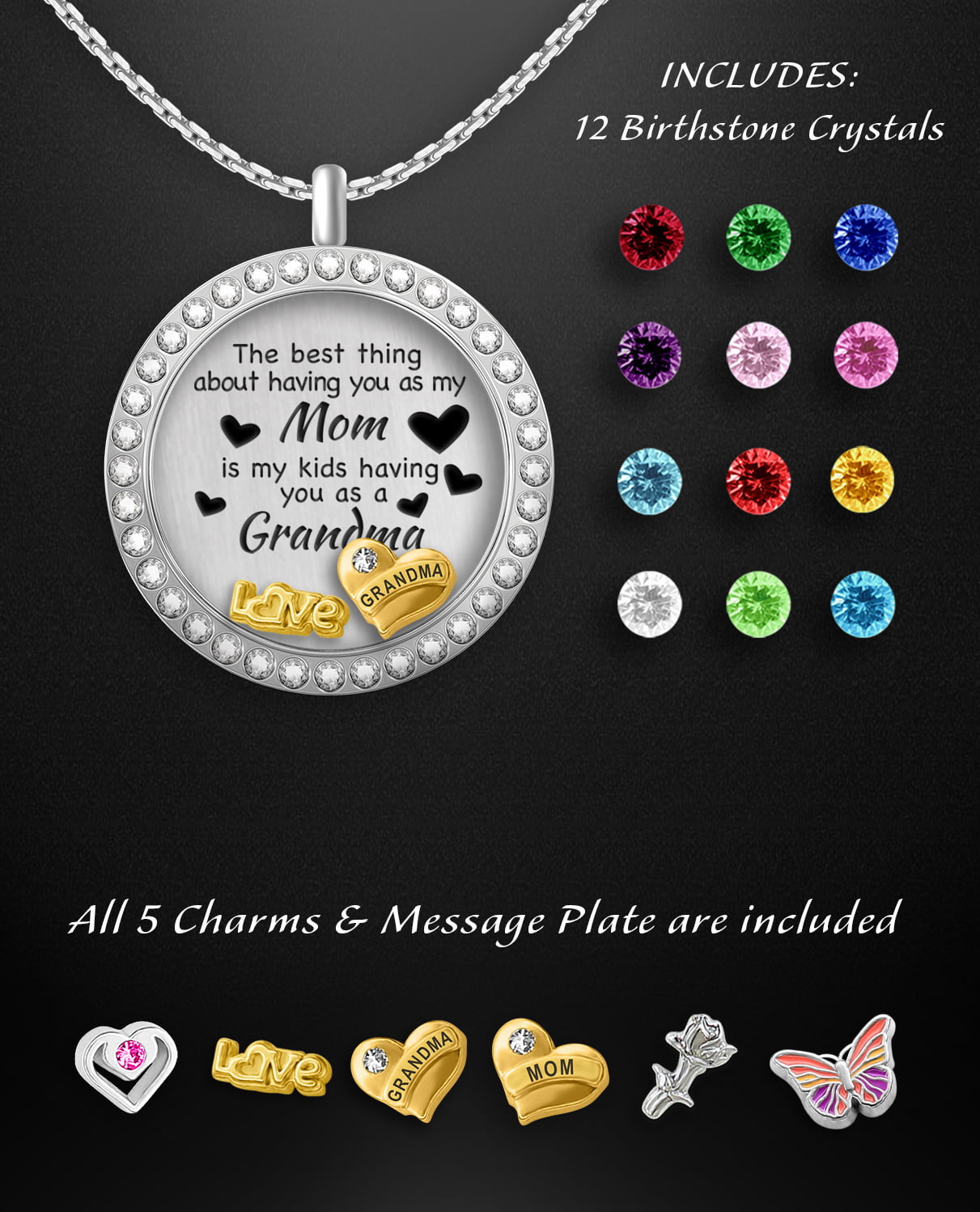 Floating Charm Locket Necklace, Birthstones Necklace, Mothers Necklace,  Grandma Necklace, Memorial Gift, Personalized Necklace Gift