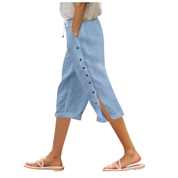 vigerkar Pants for Women Side Button Capri Pants Casual Loose Fit Lounge Beach Pant with Pockets (Light Blue, M)