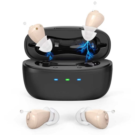 OTC Hearing Aids for Seniors, Nearly Invisible Rechargeable Hearing Aids, 100  Hours of Charging Case Usage, Super-Mini Invisible Design, Comfort Fit in Ear Canal, AI Noise Cancellation and Clear Sou