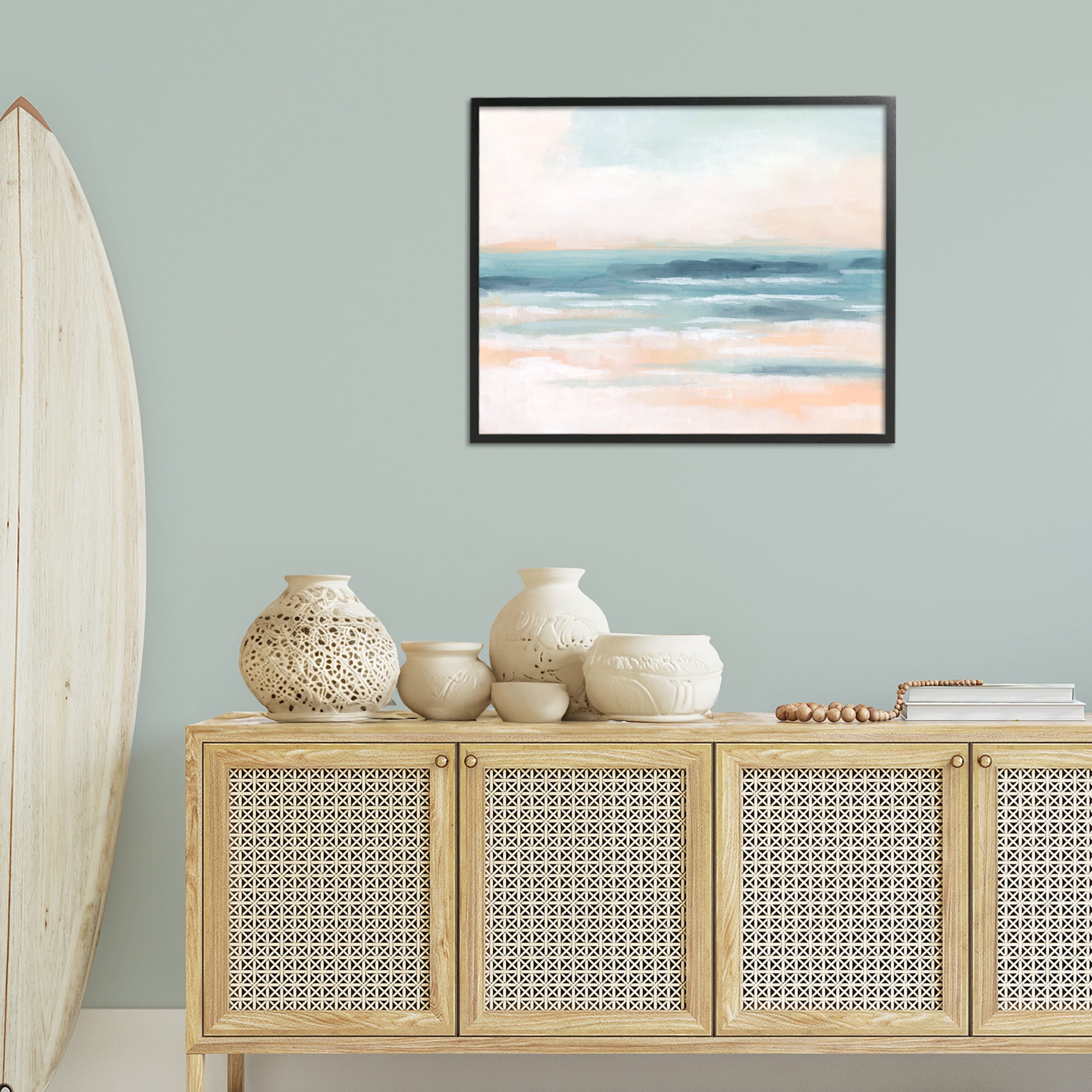 Stupell Industries Pastel Beach Coast Landscape Painting Black Framed Art Print Wall Art, 30 x 24