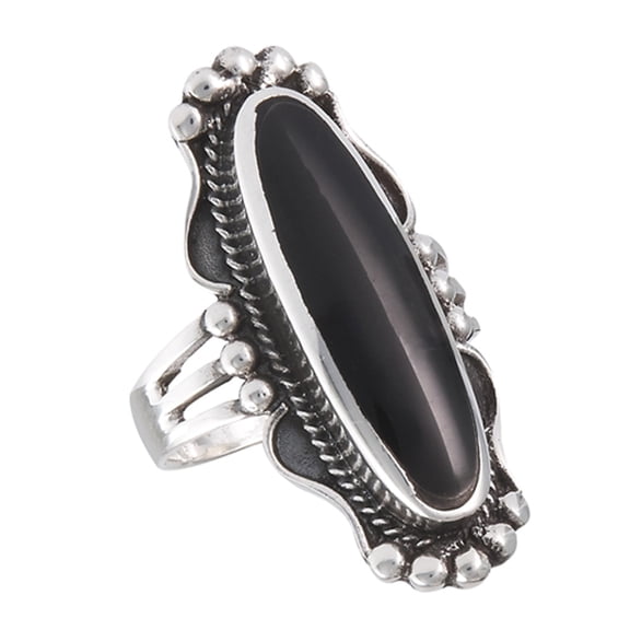 Long Simulated Black Onyx Bali Rope Halo Beaded Ring .925 Sterling Silver Band CZ Female Size 8
