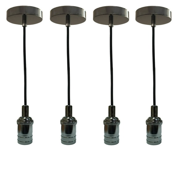 Royal Designs Vintage-Style Gun Metal Gray Keyless Pendant Light Socket and Canopy with Black Rayon Fabric Cord, Set of 4