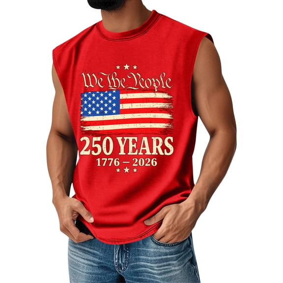 Mens Fourth Of July Shirts Retro American Flag Graphic Sleeveless Tank Tops 1776-2026 250th Anniversary We the People Patriotic Tank Tops Independence Day Round Neck Cut Off Shirts,Red M
