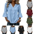 thumbnail image 1 of Neewe Womens Cotton Button Down Shirts Cotton Ruffle Sleeve Tops V Neck Casual Loose Fit Blouses, 1 of 8