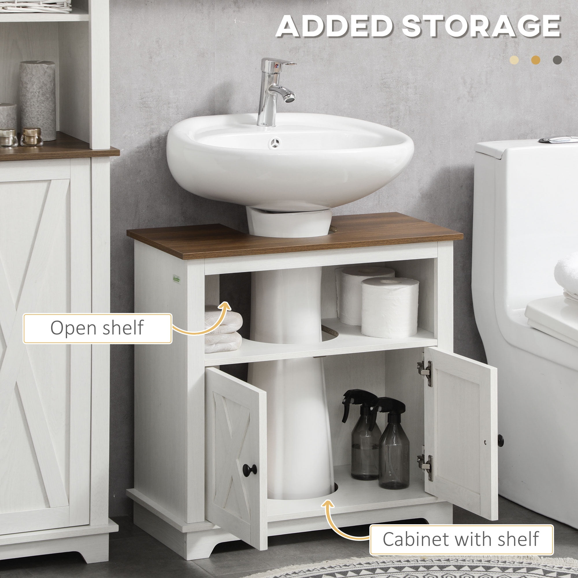 kleankin Modern Farmhouse Bathroom Sink Cabinet, Pedestal Sink Storage Cabinet with Double Doors and Storage Shelves, White