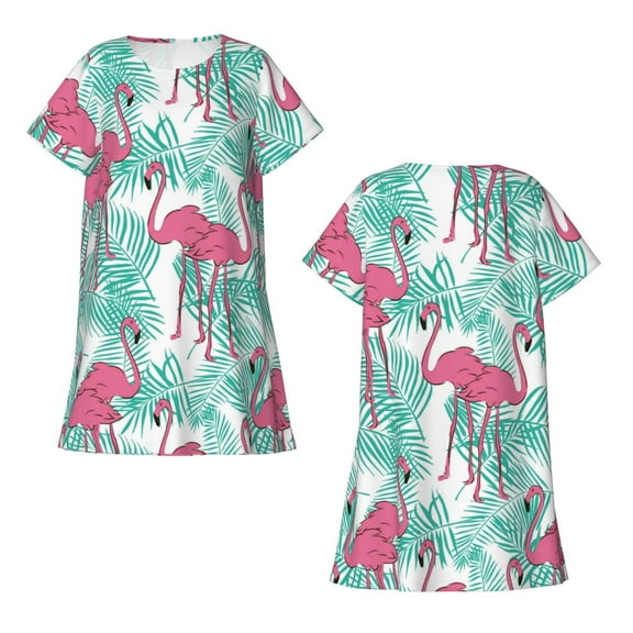 Horeoi Flamingo Print Women's Short-sleeved Nightdress Breathable Cotton-like Material Loose A-line Knee-length