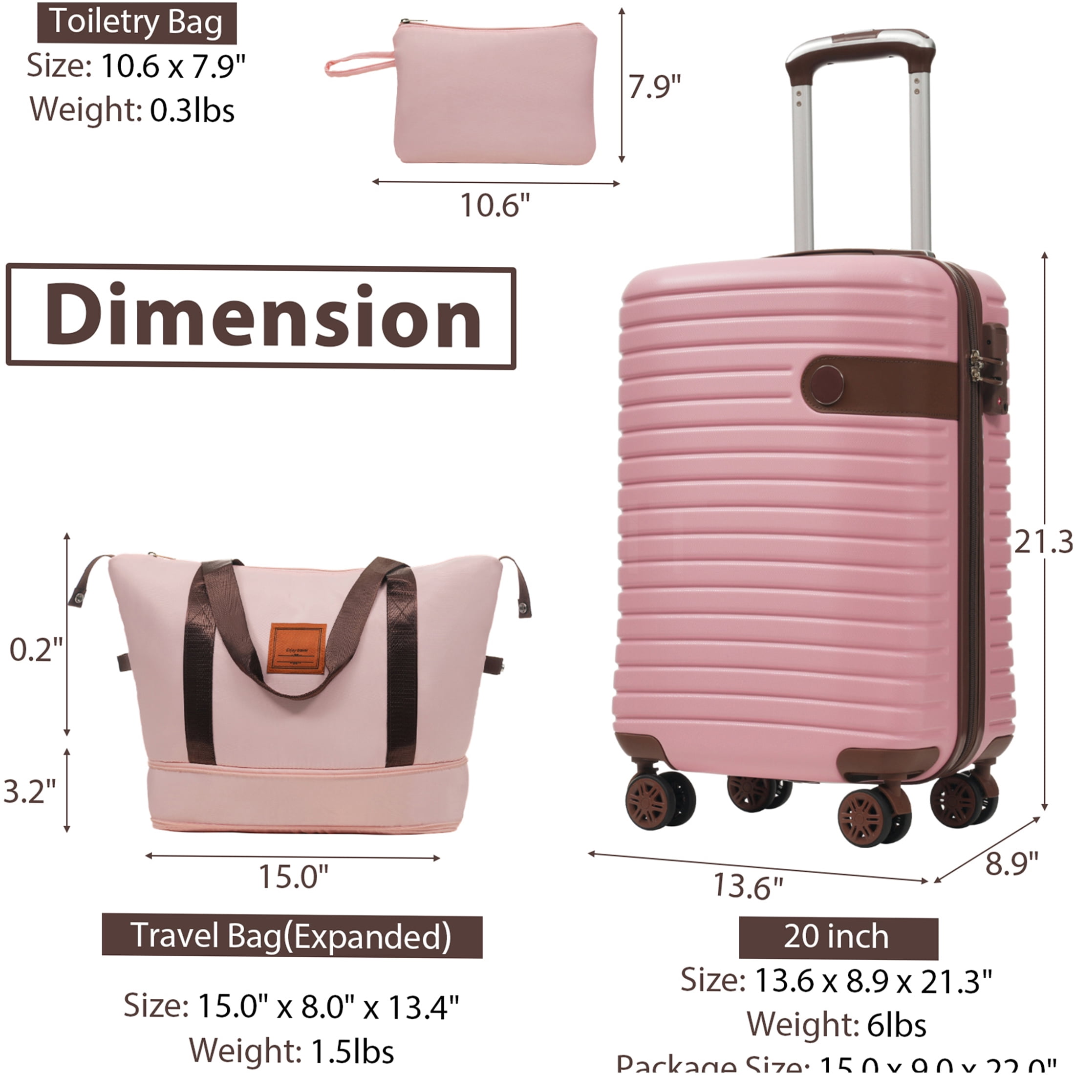 JERFIT 3-Piece Expandable Hardshell Spinner Luggage Set, 20" Carry-On Airline Approved Lightweight ABS Suitcase with TSA Lock, 360° Wheels, Waterproof Weekender & Toiletry Bag, Pink