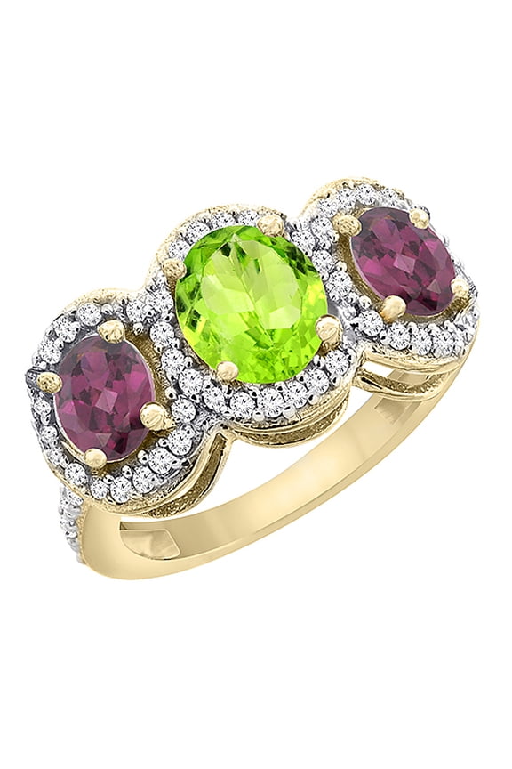 14K Yellow Gold Natural Peridot & Rhodolite 3-Stone Ring Oval Diamond Accent, size 8.5