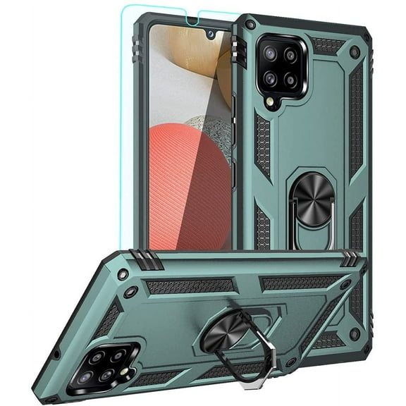 for Galaxy A42 5G Case, A42 5G Case,with HD Screen Protector,[Military Grade] Ring Car Mount Kickstand Hybrid Hard PC Soft TPU Shockproof Protective Case for Samsung Galaxy A42 5G (Dark Green)