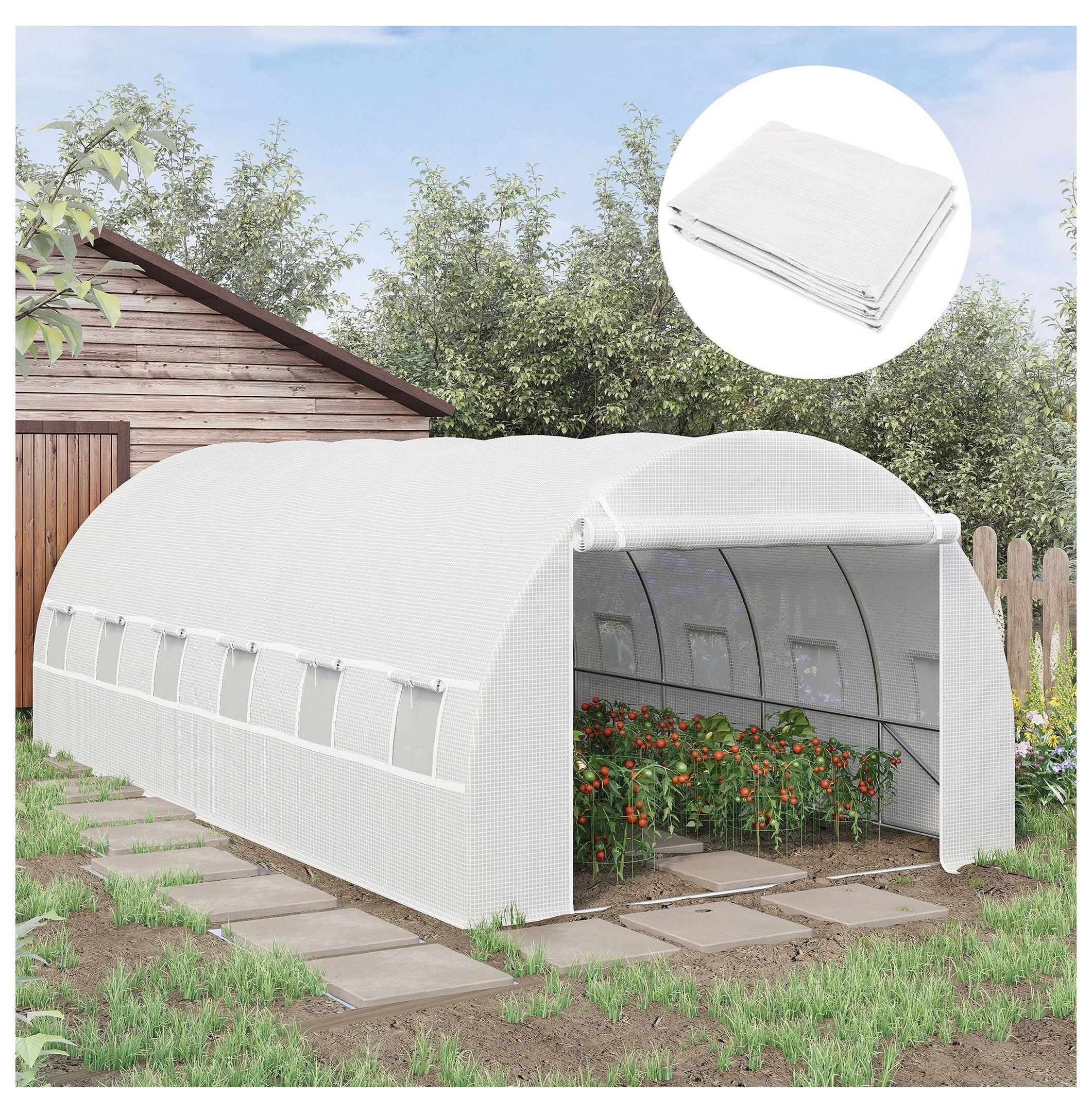 Greenhouse Replacement Cover 20'x10'x7' - Walk-in PE Hot House Cover with 12 Windows & Zipper Door - White - Garden Greenhouse Cover