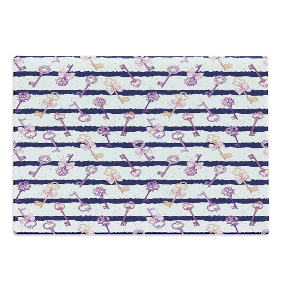 Retro Cutting Board, Old Medieval Vintage Keys with Ribbons and Diamonds Striped Pattern in French Style, Decorative Tempered Glass Cutting and Serving Board, Large Size, Purple Blue, by Ambesonne