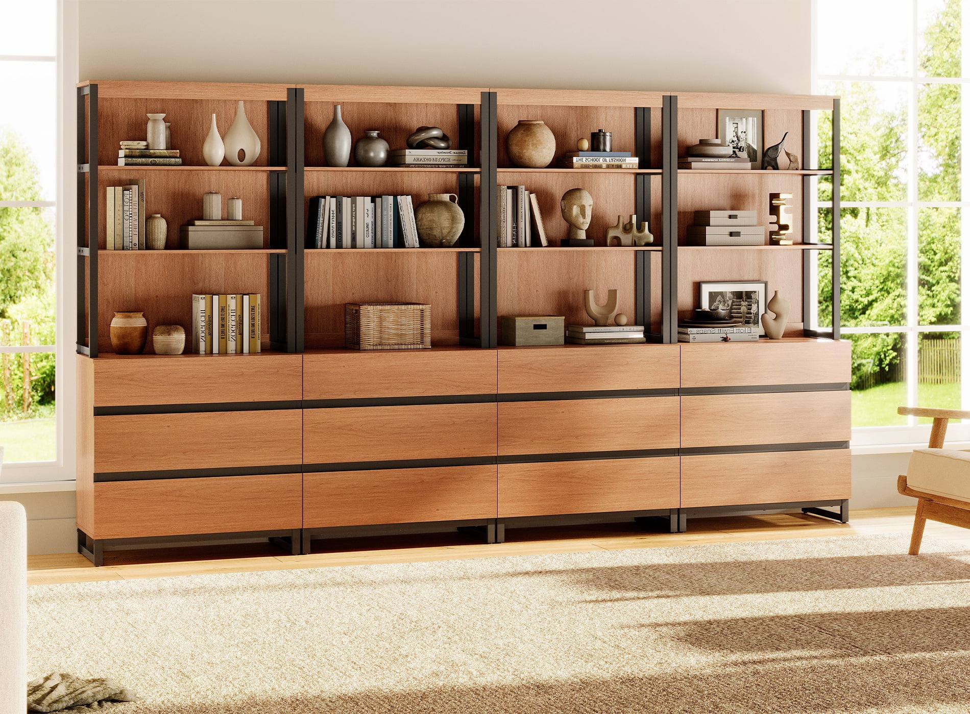 WAMPAT 4 PCS Modern 72" Tall Bookcase with 12 Drawers and Open Book Shelfs, Library Book Shelf with Storage Cabinet and Metal Base, Wood Freestanding Bookshelves for Home Office, Living Room, Mocha