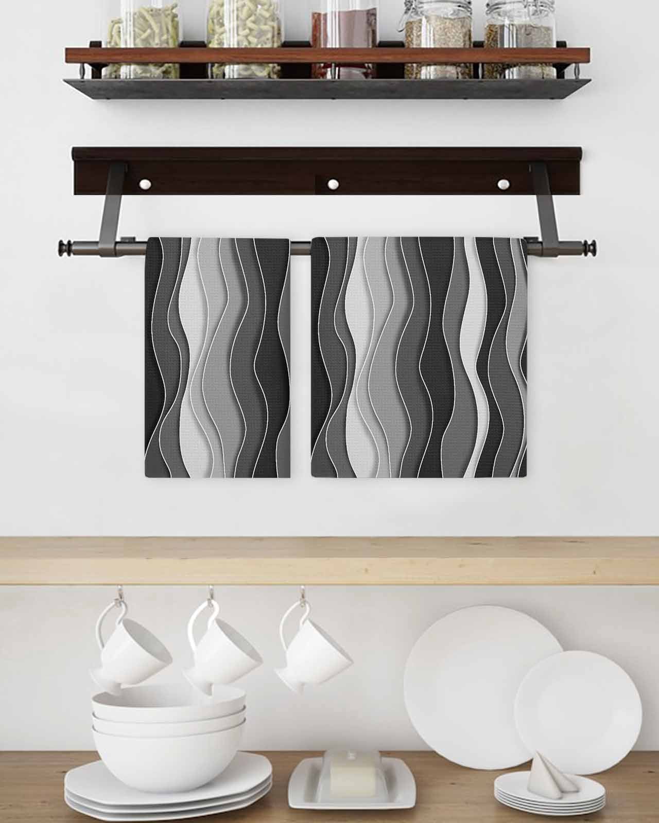 Black Stripes Kitchen Dish Towels for Drying Dishes Set of 3, Modern Simple Greyish Gradient Lines Waffle Weave Microfiber Terry Hand Tea Bathroom Towels Quick Dry & Absorbent Towel 15.7x23.6