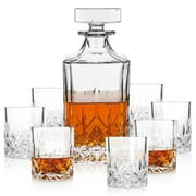 Viski Admiral Decanter and Lowball Glass Set - Premium Crystal Glasses for Liquor, Scotch and Whiskey, Glassware Gift Set of 8