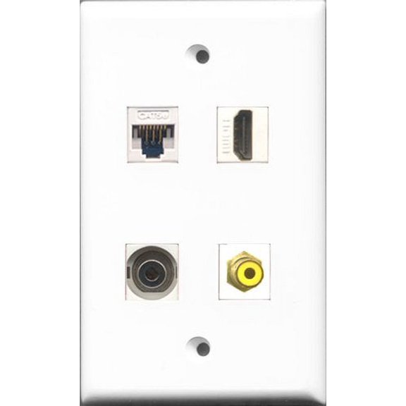 RiteAV - 1 Port HDMI and 1 Port RCA Yellow and 1 Port 3.5mm and 1 Port Cat5e Ethernet White Wall Plate