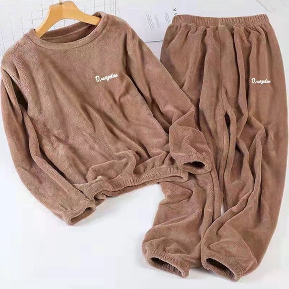 Zorvir Women Fleece Pajamas Set Long Sleeve Crewneck Jogger Pants Tops Lounging Warm Sleepwear Sherpa Nightwear(1 Size,Coffee)