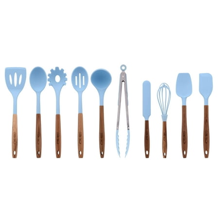 The Pioneer Woman 10-Piece Silicone and Acacia Wood Handle Cooking Utensils Set, Blue