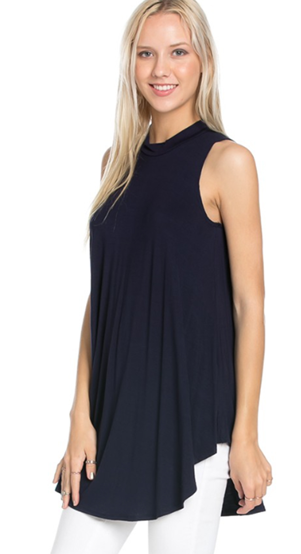 Azules - Azules Women’s Sleeveless Flowy Mock Turtleneck, Small, Navy