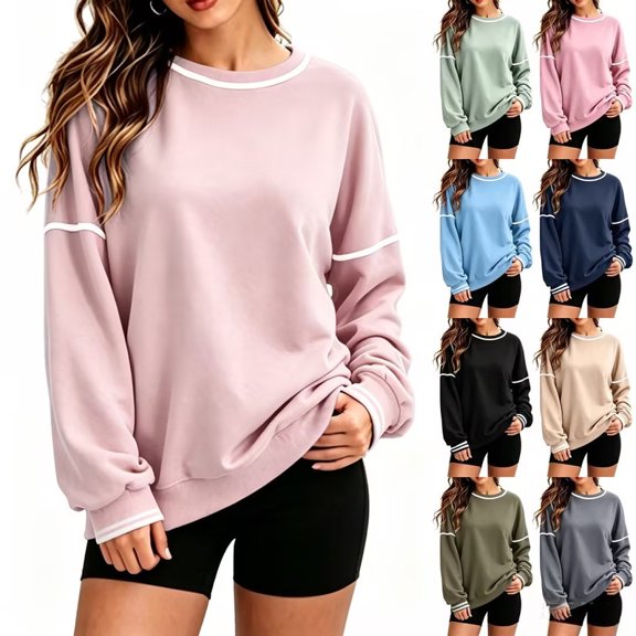 jehdhy Womens Striped Patchwork Sweatshirts Fall Winter Crew Neck Long Sleeve Shirts Fashion Casual Loose Pullover Tops