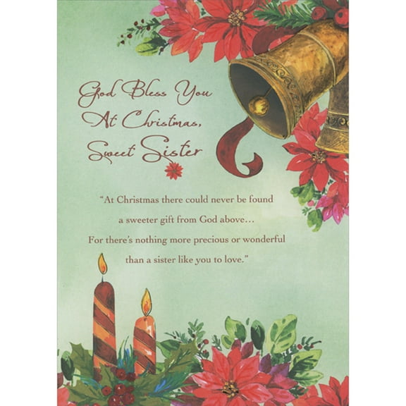 Designer Greetings Ringing Gold Bells, Poinsettias and Diagonal Striped Candles Religious Christmas Card for Sister
