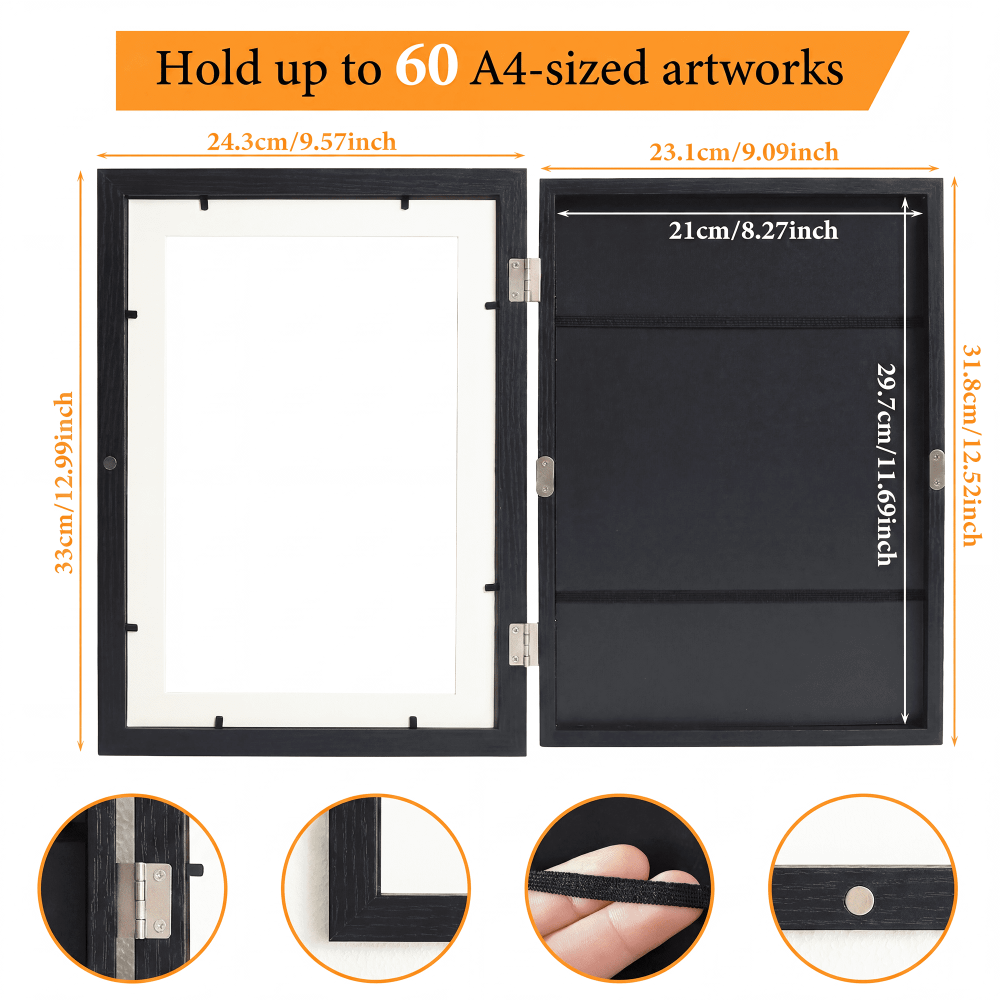 Storvive 4 Pack Art Frames, 8.27" x 11.69" Magnetic Front Opening Artwork Frames, Changeable Picture Storage Frames, Crafts Painting Art Display, Black
