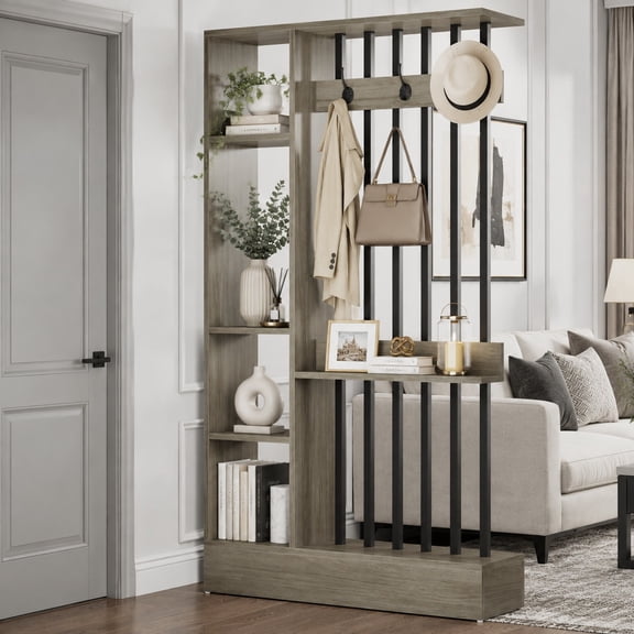 Fnova 71" Wall Room Divider with Shelves & Coat Hooks, Farmhouse Wall Partition for Home & Office Decorative, Grey