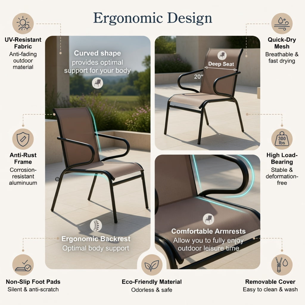 Hommoo Modern Outdoor Patio Chairs Set of 2, Breathable Fabric, Heavy-Duty Metal Frame, Ergonomic Design for Porch, Deck, Poolside & Garden, Black & Brown