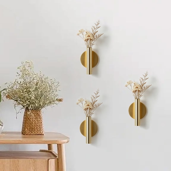 Kieccall Gold Wall Mounted Flower Vase Metal Tube Holder Decor for Dried Artificial Flower Display Gift