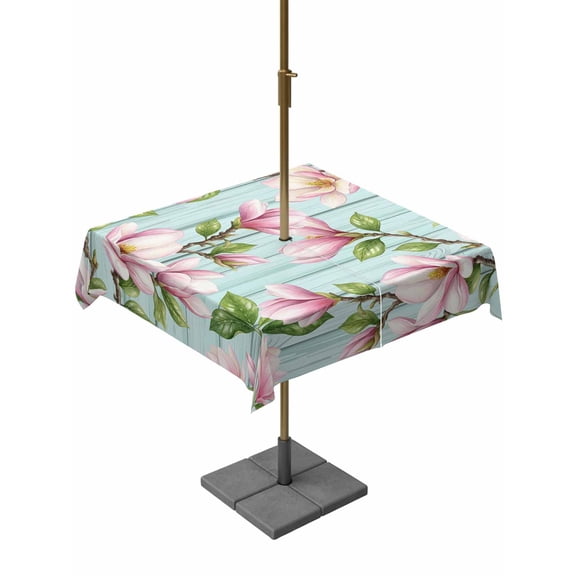 Square Outdoor Tablecloth with Umbrella Hole Pink Magnolia Table Cloth Waterproof Patio Table Cover Rustic Botanical Budding Flowers Aqua Wooden Zipper Tablecloths for Picnic Party Camping 60x60 Inch
