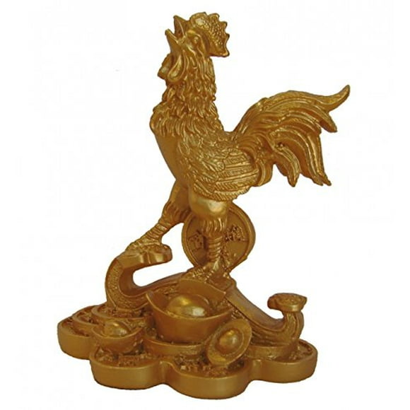Feng Shui Import LLC 4966 Statue de Coq d'Or Marchant sur Ru Yi et Pièces de Monnaie