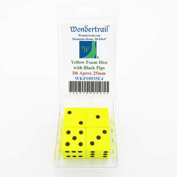 Yellow Foam Dice with Black Dots D6 25mm (1in) Pack of 4 Wondertrail