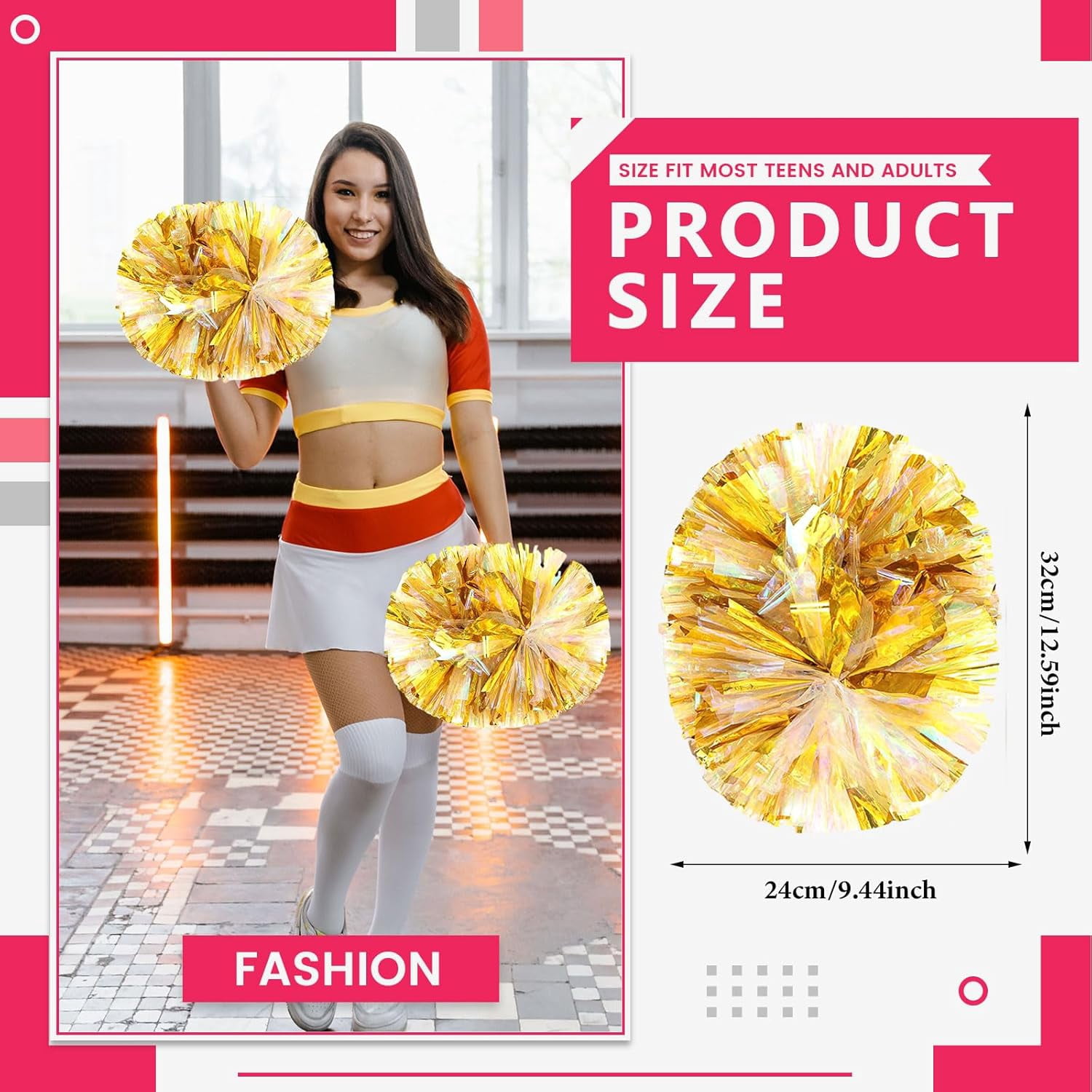 Cheerleader Pom Poms 24 Pack Sports Dance Cheering Plastic Metallic Cheerleading Pom Poms for Kids Adults