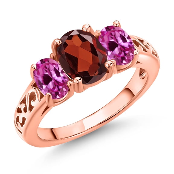 Gem Stone King 18K Rose Gold Plated Silver Red Garnet and Pink Created Sapphire Filigree Style 3 Stone Ring for Women (2.50 Cttw, Oval 8X6MM and 6X4MM) (Size 8)