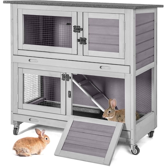 Aivituvin Rabbit Hutch Indoor Outdoor, 2-Story Rabbit Cage for Guinea Pigs with 2 Leakproof Trays & 4 Wheels
