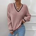 thumbnail image 2 of PMVFHDE Women's Tops Fashion French Striped V-Neck Casual Loose Fit Knitted Pullover Sweater for Fall Pink,XXL, 2 of 5