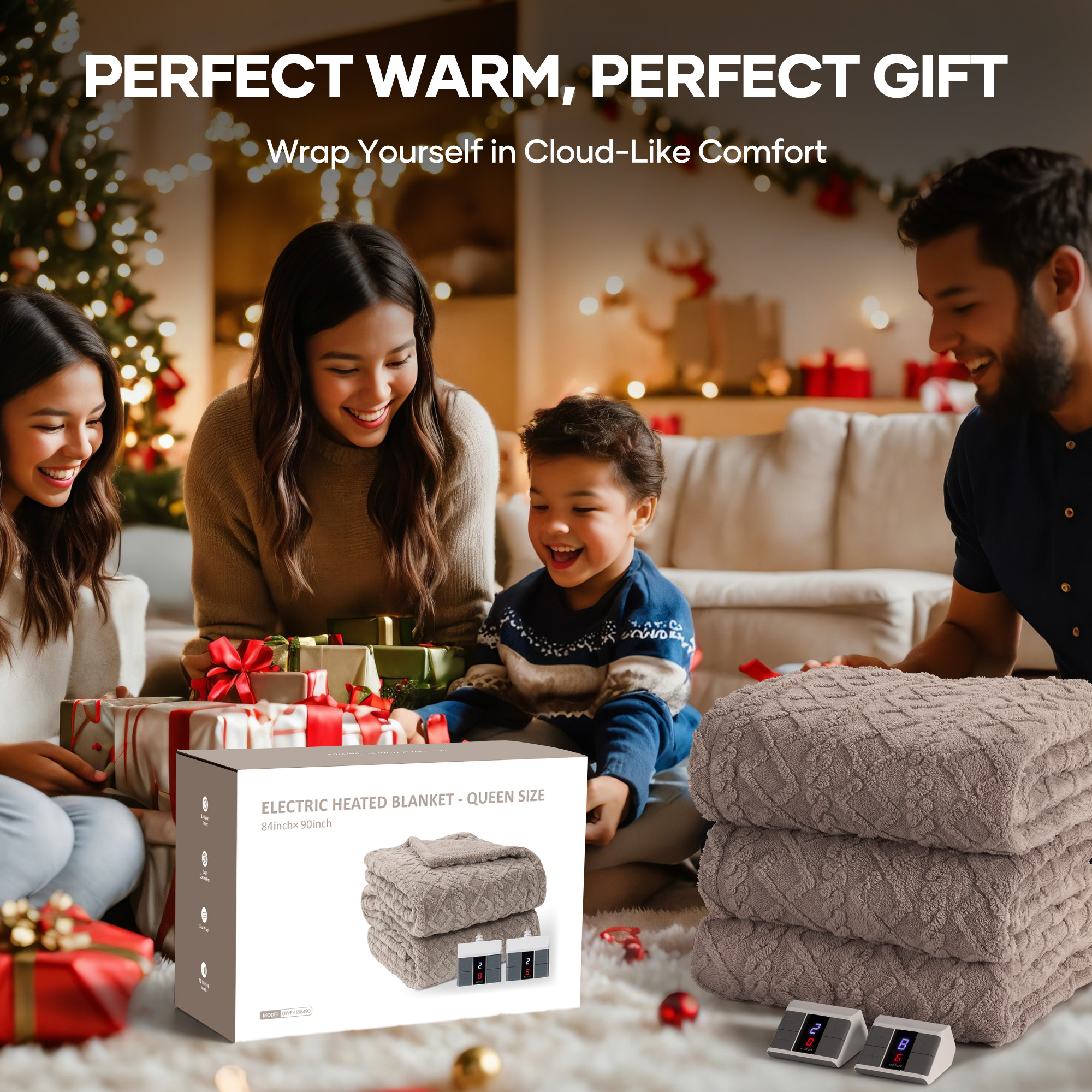 MaxKare Heated Blanket with Dual Controllers Queen Electric Blanket, 10 Heat Levels, 10H Timer, Soft Cable Knit Shu Velveteen, Linen