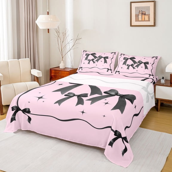 Feelyou Black Pink Bow-tie Twin Sheet Sets for Kid, Butterfly Knot Princess Twin Fitted Sheet, Watercolor Bowknot Flat Sheet, Microfiber Bedroom Decor, 3pcs
