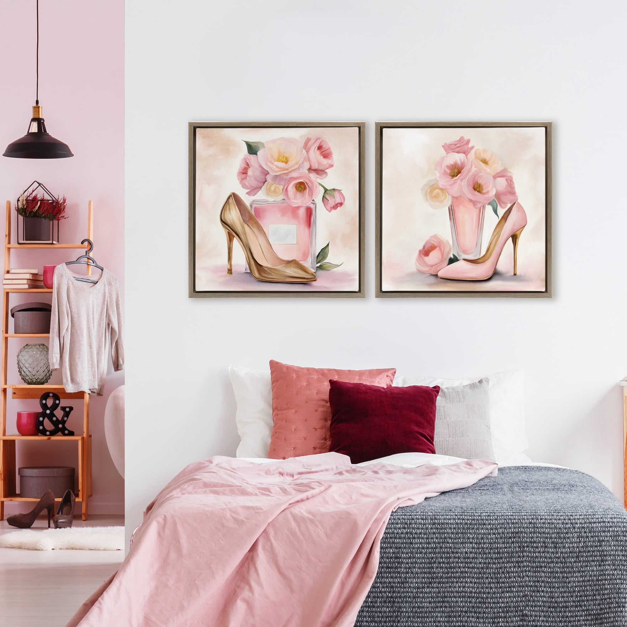 Stupell Industries Blush Pink Beauty 2 Piece Brown Framed Floater Canvas Set, design by Kim Allen