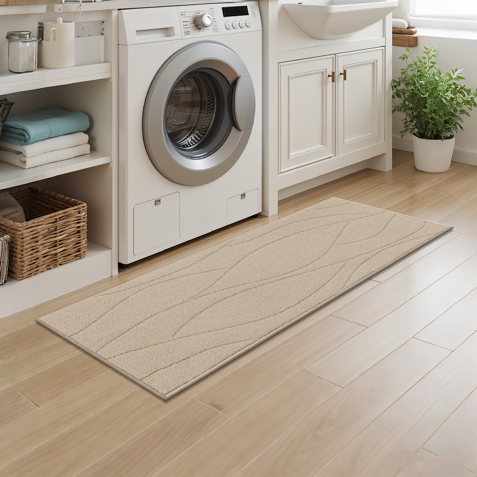 MeyJey Geometric Lines Kitchen Rugs Sets of 3, Non Slip Washable Kitchen Mats for Floor, Beige