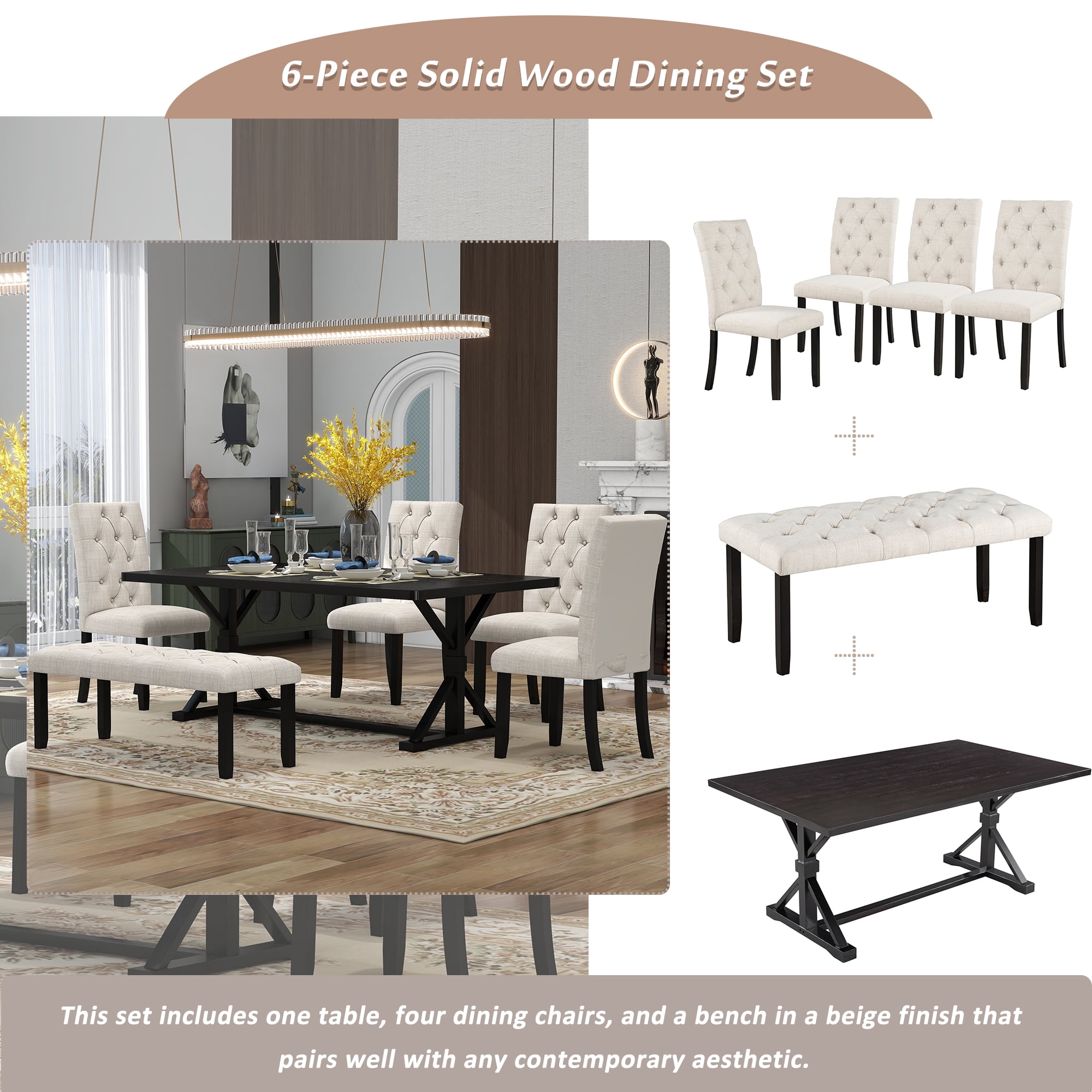 Howcool 6-Piece Farmhouse Dining Set, 72" Rectangular Wood Table, 4 Upholstered Chairs & Bench, Espresso