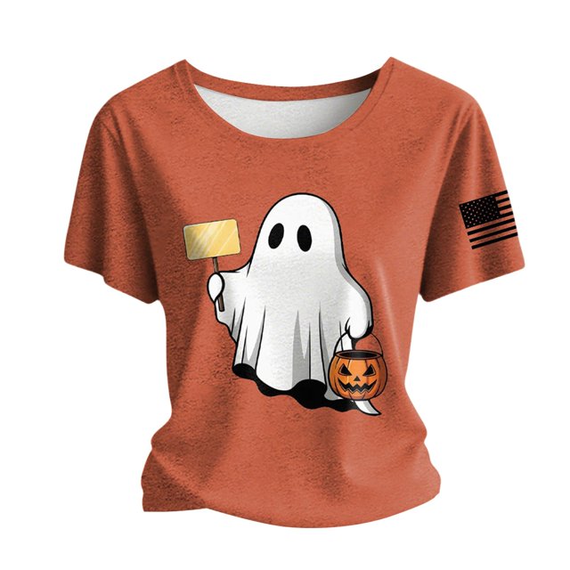 NMMUED T-Shirt d'Halloween à Manches Courtes pour Femmes T-Shirts Graphiques à Col Rond d'Halloween pour Femmes Vêtements d'Automne Vêtements d'Halloween pour Femmes Jolis T-Shirts d'Halloween pour Femmes Orange TTG