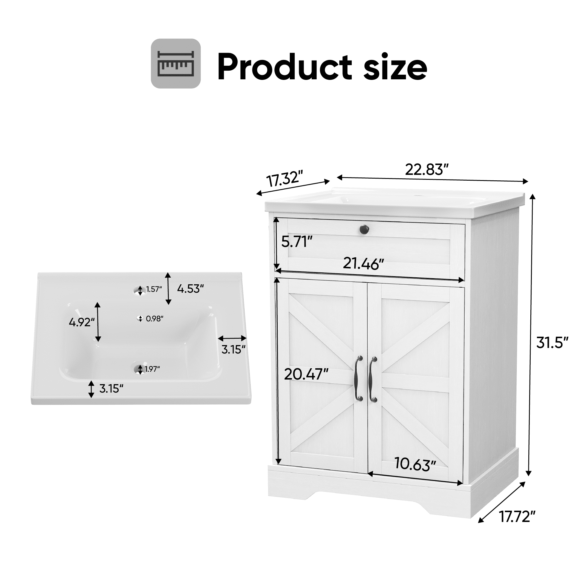 Smuxee 24" Bathroom Vanity with Integrated Sink Top, Bathroom Storage Cabinet with Flip Drawer & Doors, White