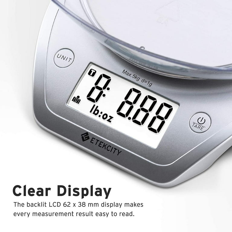 Etekcity 0.1g Food Scale, Bowl, Digital Grams and Ounces for Weight Loss, Dieting, Baking, Cooking, and Meal Prep, 11lb/5kg, Stainless Steel