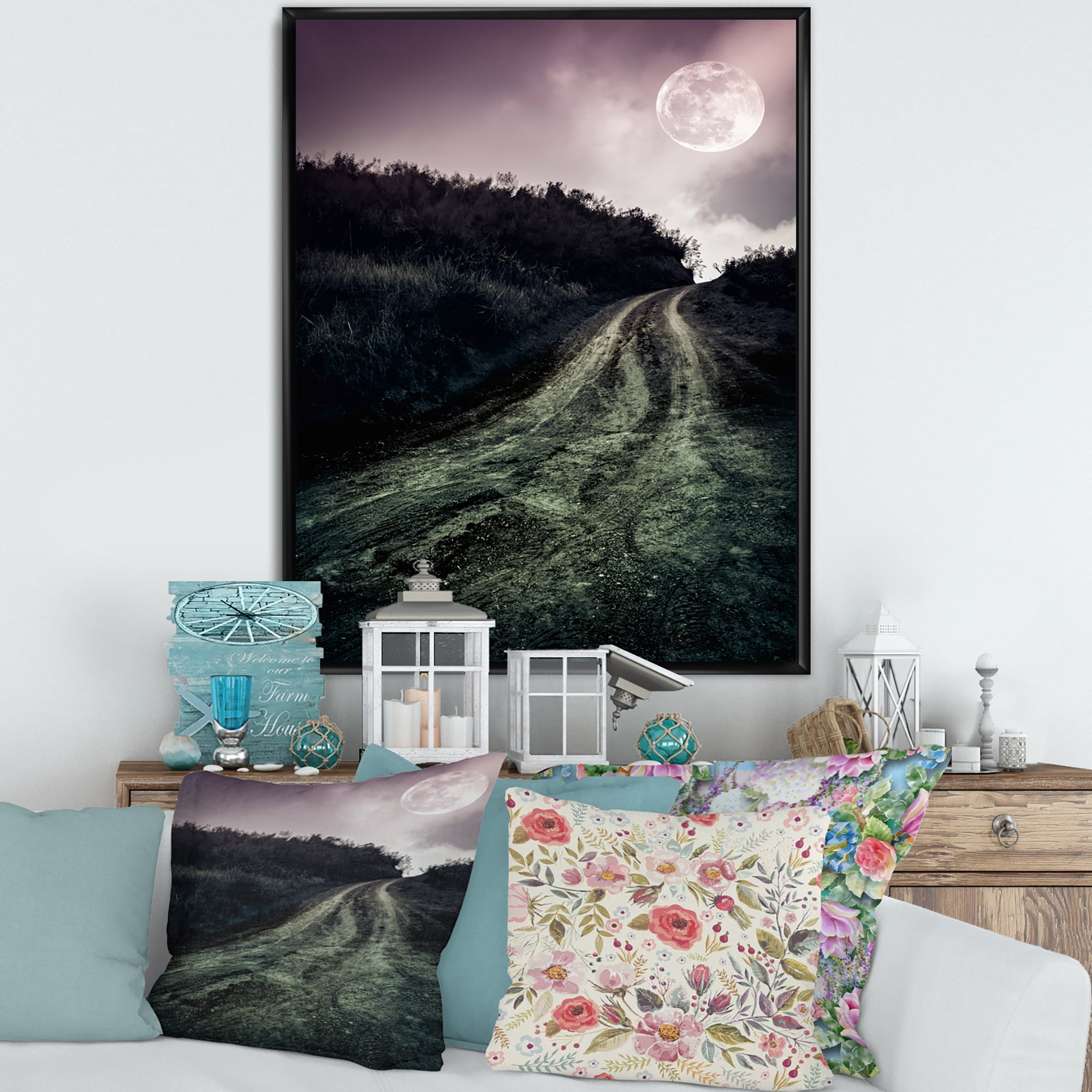 Designart 'Countryside Muddy Road Under Full Moon' Modern Framed Canvas Wall Art Print
