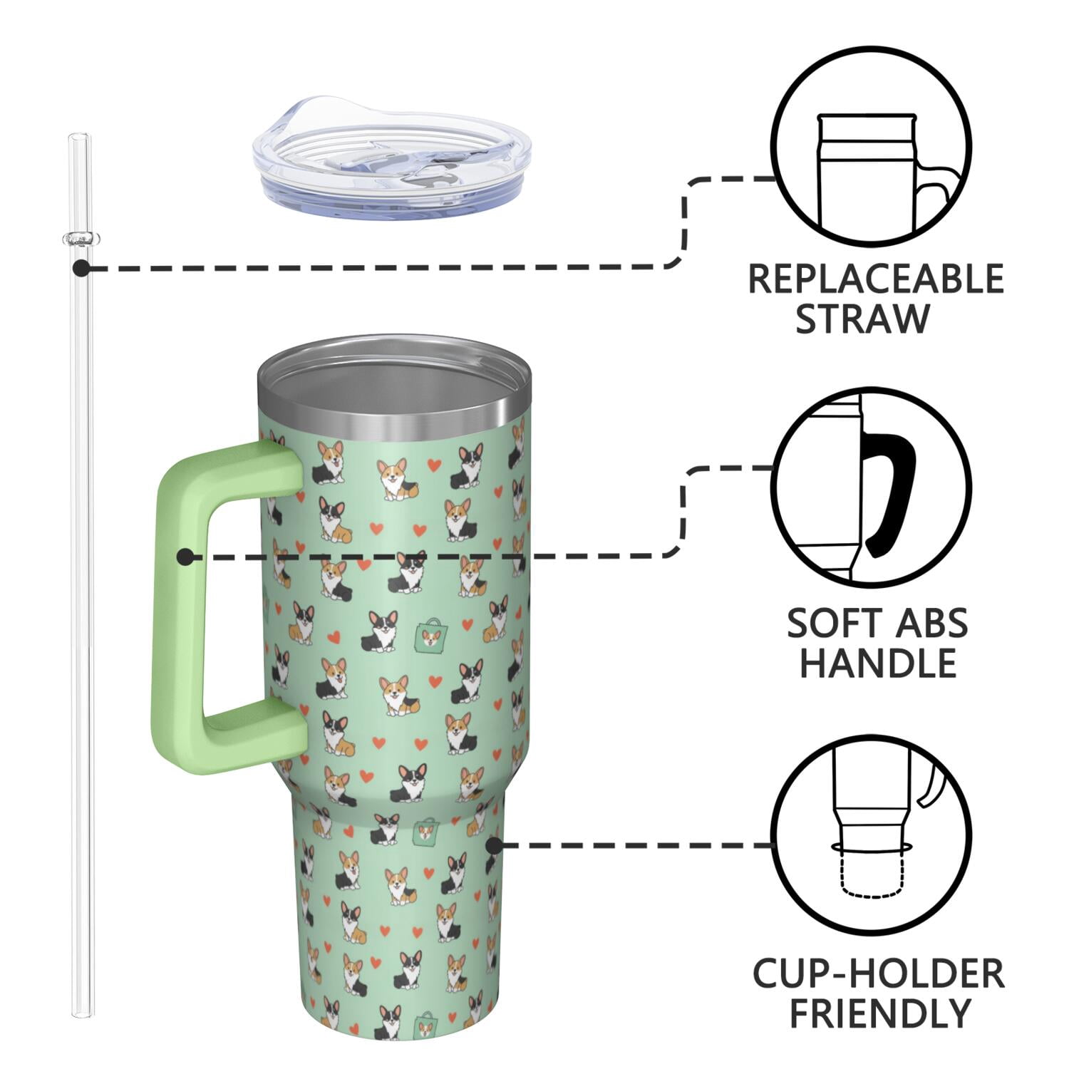 40 Oz Tumbler with Handle,Tumbler with Lid,Double Wall Insulated Cup Stainless Steel Travel Mug,Water Bottle for Iced Tea,Coffee,Cold Beverages,Corgi Shopping Green Pattern