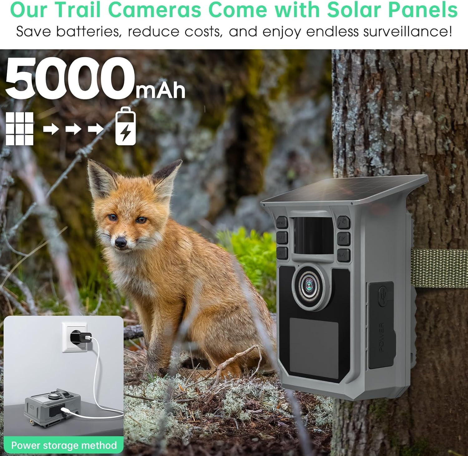 WiFi Trail Camera 4K 64MP Solar Game Camera with 5000mAh Battery, 64GB Memory Card, IP67 Waterproof Night Vision Trail Cam for Wildlife Monitoring with 2-Inch Screen
