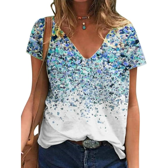 JustVH Women's Printed Short Sleeve T-shirt Casual V-Neck Loose Fit Tops