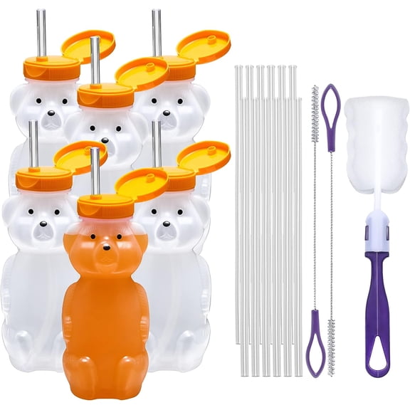 Special Supplies Juice Bear Bottle Drinking Cup with Long Straws, 6 Pack, Squeezable Therapy and Special Needs Assistive Drink Containers, Spill Proof and Leak Resistant Lids